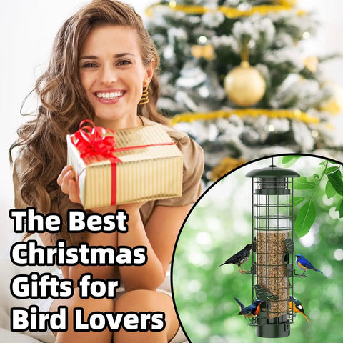 Woman holding gift next to image of Gravity Fed Squirrel Proof Bird Feeder for Outdoors with birds on green metal mesh design.