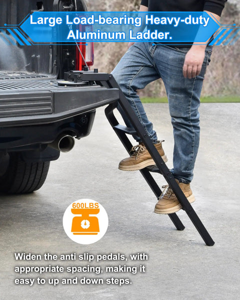 Rotatable Tailgate Ladder For Pickup Trucks, Grab-And-Go Heavy Duty 600 Lb Capacity, Easy Fold Design, Universal Fit For Most Trucks Up To 45 Inch Tailgate Height, Requires 56 Inch Wide Tailgate For Proper Closure, black aluminum step ladder on pickup tailgate