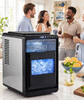 Compact Counter Top Ice Cube Machine Whips up 16 Crisp Crescent Cubes in Just 15 Mins with people enjoying drinks.