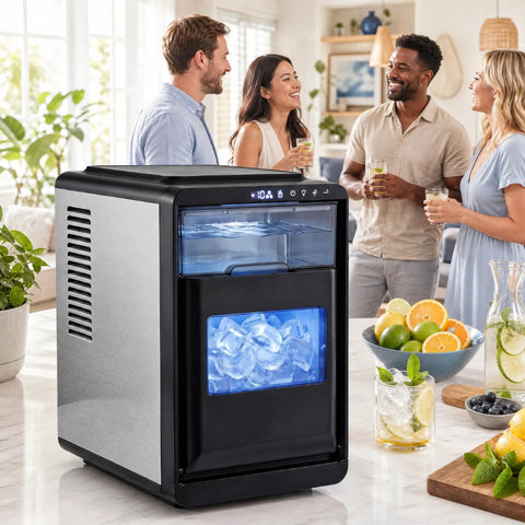 Compact Counter Top Ice Cube Machine Whips up 16 Crisp Crescent Cubes in Just 15 Mins with people enjoying drinks.