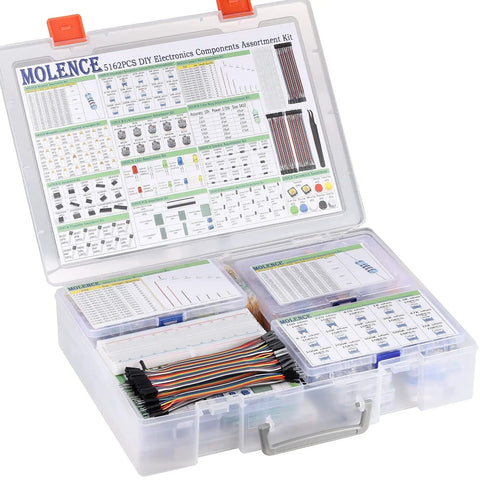 Open storage case with 5162 Piece DIY Electronics Components Kit With Resistors Capacitors Inductors LEDs Diodes ICs PCBs.
