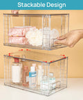 Four Pack Large Clear Stackable Storage Drawers With Smooth Pull Out Slides And Grippy Silicone Pads For Super Neat Closets That Keep Your Belongings Squared Away Daily, displaying toiletries and beauty items.