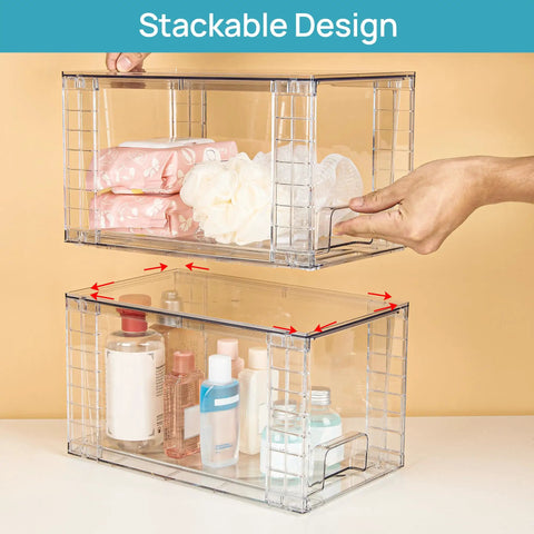 Four Pack Large Clear Stackable Storage Drawers With Smooth Pull Out Slides And Grippy Silicone Pads For Super Neat Closets That Keep Your Belongings Squared Away Daily, displaying toiletries and beauty items.