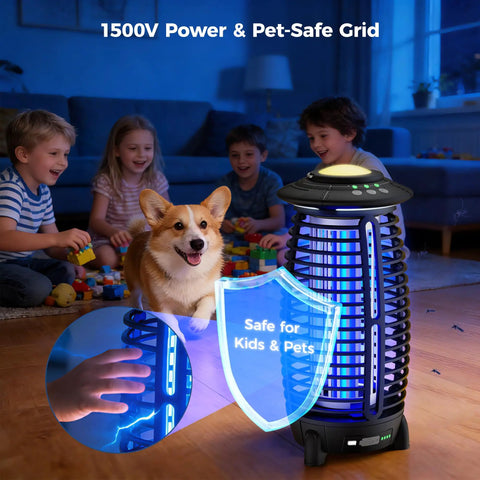 Cordless 4-In-1 Bug Zapper For Outdoor Use, Mosquito Trap With 4000mAh Battery, shown in a living room with kids and a pet.