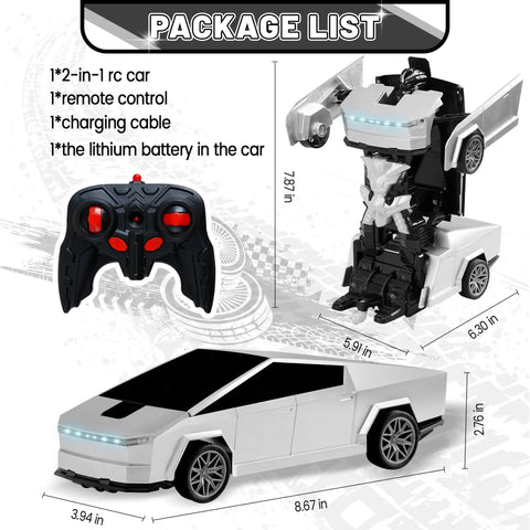 Cyber Inspired Transformer Remote Control Car For Kids 2.4 GHz RC Vehicle package contents displaying car, robot, and remote control