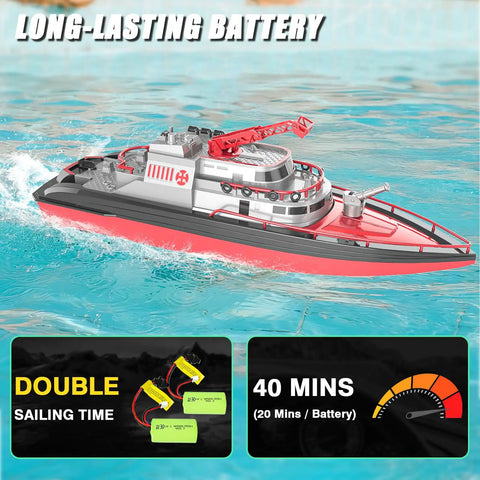 Remote Control Fire Rescue Boat For Kids And Adults, 15.75 inch RC boat with dual batteries and water spray in action on water