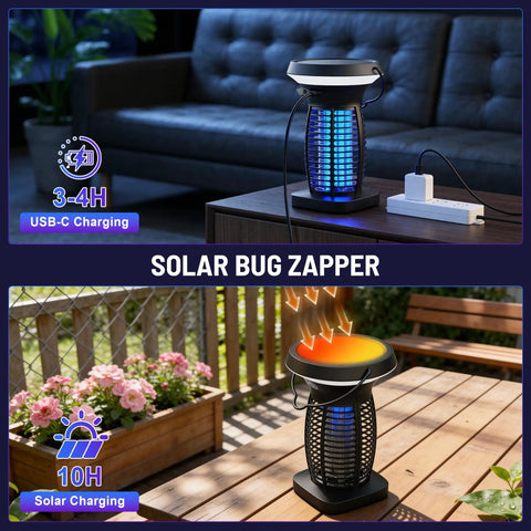 Outdoor Bug Zapper Solar Powered USB Rechargeable 4200V High Voltage Mosquito And Insect Killer UV Light Trap Waterproof