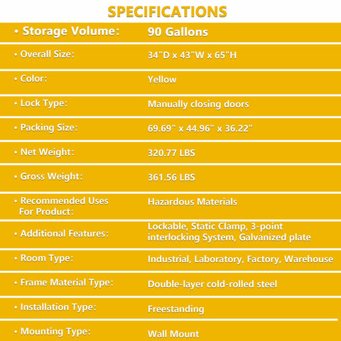Pro Grade 90 Gallon Flammable Safety Cabinet Built Tough As Nails With Double Manual Doors For Industrial Shops OSHA Certified Flammable Liquid Storage Locker In Bright Yellow with specifications.