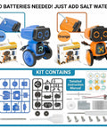 Saltwater Powered Robot Kit for STEM Learning No Batteries Needed DIY Science Toy Gift Kid Friendly Perfect for Festivals and Birthdays Awesome for Boys and Girls Blue Hands On Experiments Environmentally Friendly displayed with blue and orange robot models and kit contents.