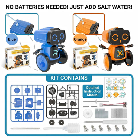Saltwater Powered Robot Kit for STEM Learning No Batteries Needed DIY Science Toy Gift Kid Friendly Perfect for Festivals and Birthdays Awesome for Boys and Girls Blue Hands On Experiments Environmentally Friendly displayed with blue and orange robot models and kit contents.