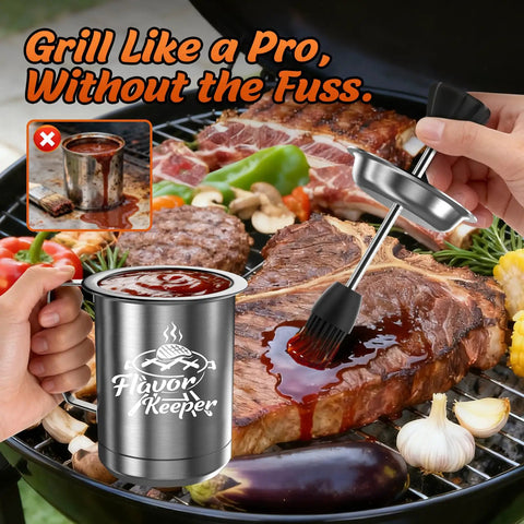 All In One BBQ Basting Brush And Sauce Cup Set For Grilling, spill-proof brush applying sauce to steak on grill
