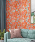 Peel And Stick Orange Floral Wallpaper Roll 21x160 Inches For Bedroom And Living Room Self Adhesive Non Woven