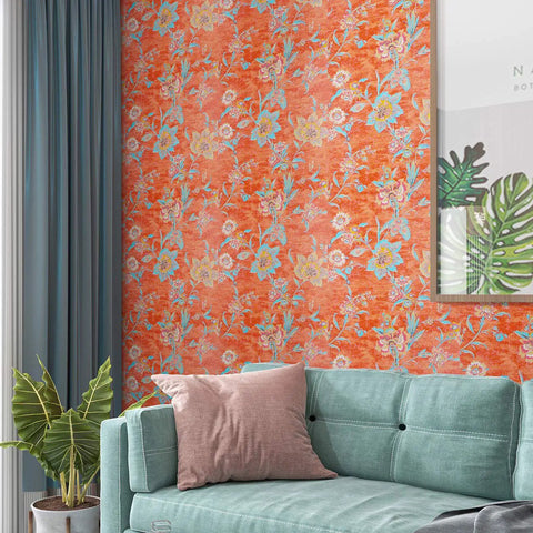 Peel And Stick Orange Floral Wallpaper Roll 21x160 Inches For Bedroom And Living Room Self Adhesive Non Woven