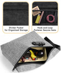 Smell Proof Bag With Combination Lock Odor Proof Container shown open with items, highlighting divider pocket and fastener, grey color.