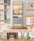 Freestanding 8Ft Closet System With Smooth Rolling Casters And Four Roomy Wood Drawers featuring a gray wardrobe with storage areas and large drawers.