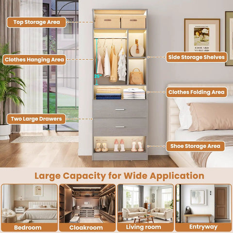 Freestanding 8Ft Closet System With Smooth Rolling Casters And Four Roomy Wood Drawers featuring a gray wardrobe with storage areas and large drawers.
