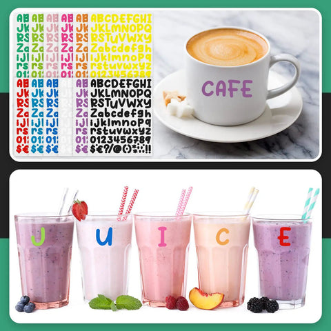 Alphabet And Number Sticker Set 24 Sheets Waterproof Vinyl Decals With 2316 Pieces Self Adhesive For Mailboxes Notebooks Signs Decor DIY Crafts And Art Projects Vivid Style displayed on a mug and juice glasses.