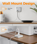 Extension Cord 10 Ft Long Surge Protector Power Strip With 4 Outlets 3 USB Ports Including USB C 900 Joules Protection Flat Cable For Home Office Dorm Room Desktop Charging Station Grey shown wall-mounted and on desktop.