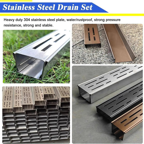 Beefy Heavy Duty Stainless Outdoor Trench Drainage Kit With Slim Low Profile Grate for courtyard lawn and driveway installation