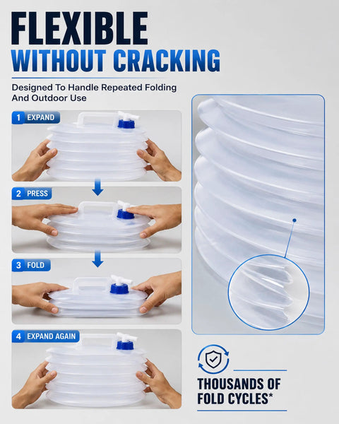 Collapsible Water Container With Spigot For Camping And Travel foldable design demonstrating flexibility and folding steps