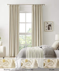 102 Inch Pinch Pleated Blackout Curtains Two Panels With Hooks for Track Sliding Doors, Natural Birch, Installed in Living Room