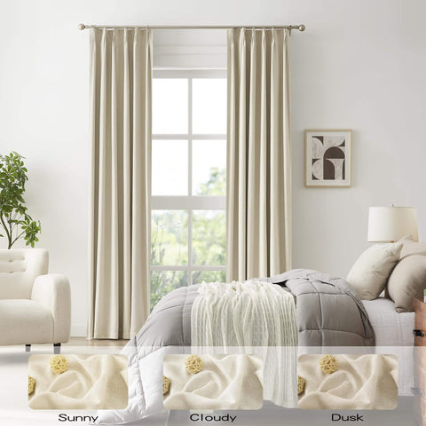 102 Inch Pinch Pleated Blackout Curtains Two Panels With Hooks for Track Sliding Doors, Natural Birch, Installed in Living Room