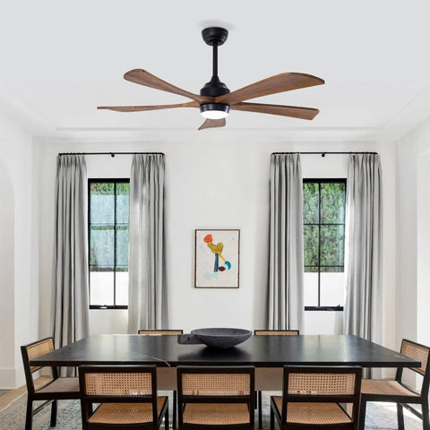 Geelife 52" 5PCS Solid Wood Blades Ceiling Fan with Lights Remote Control in a modern dining room setting.