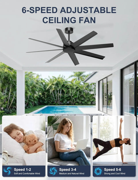60 Inch Ceiling Fan No Light Modern Black With 8 Blades Remote App Control DC Motor Outdoor Fan for Covered Patio