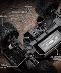 Underside view of 1/18 Scale Fast RC Car For Adults, 4WD All Terrain Beast Off Road Truck showing components labeled on rugged terrain.