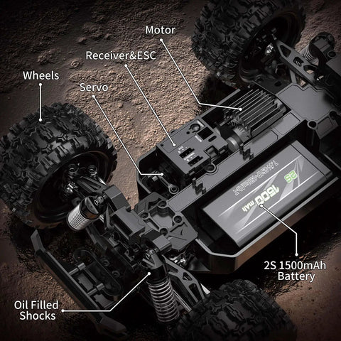 Underside view of 1/18 Scale Fast RC Car For Adults, 4WD All Terrain Beast Off Road Truck showing components labeled on rugged terrain.