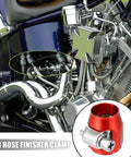 AN4 Hex Hose Finisher Clamp Set for Cars highlighting red clamp on motorcycle engine.