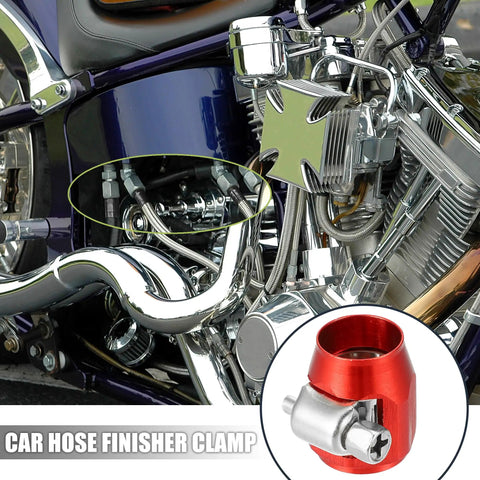 AN4 Hex Hose Finisher Clamp Set for Cars highlighting red clamp on motorcycle engine.