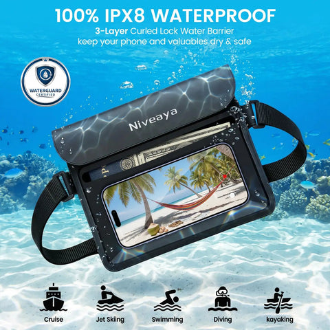 IPX8 Waterproof Fanny Pack Duo Dry Bag showcasing underwater view, keeping phone and passport dry, ideal for beach and water activities.