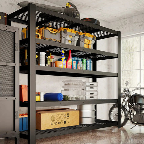 Beefy Five Shelf Garage Shelving Unit Heavy Duty Metal Storage Rack 72 Inches High 62 Inches Wide 24 Inches Deep with tools
