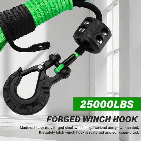 Synthetic Winch Rope Kit One Quarter Inch By Fifty Foot With Ten Thousand Pounds Strength Protective Sleeve Heavy Duty Hook
