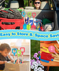 Collage of Kids Garden Tools Set 8 Pieces With 16 Inch Shovels Beach Sand Toys Rake Spade in use and storage.