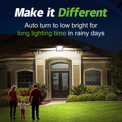 Night view of a house with a family outside and a Solar Powered Outdoor Flood Light 4400mAh Dusk To Dawn Auto On Off IP65 Waterproof Security Floodlight illuminating the entrance.