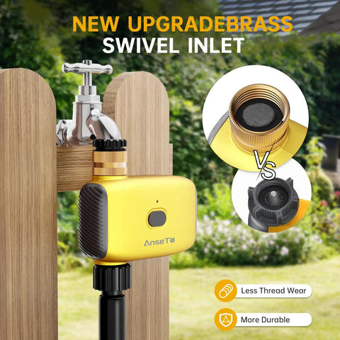 Smart WiFi Hose Timer For Garden And Lawn Irrigation With 1 Outlet Brass Swivel Inlet App Remote Control Rain Delay Manual Operation Durable Outdoor Water Timer Leakproof Easy Install on a wooden fence.