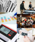 Collage showing Two In One Counterfeit Money Detector And Bill Counter With UV MG IR RGB 2D Size Detection at work in various settings.