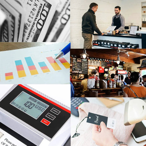 Collage showing Two In One Counterfeit Money Detector And Bill Counter With UV MG IR RGB 2D Size Detection at work in various settings.