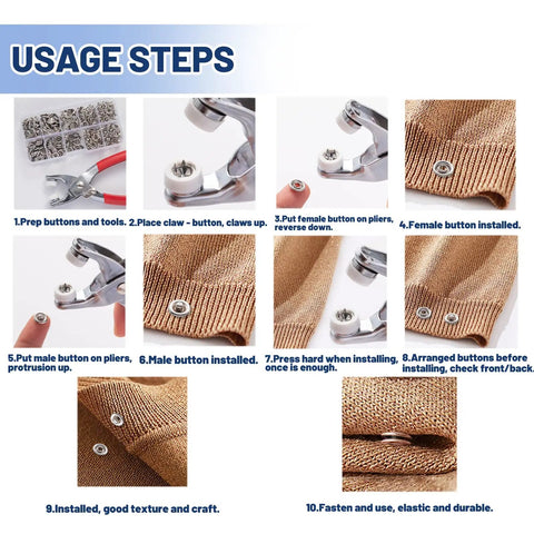9.5mm Metal Snap Button Kit With Fastener Pliers 800 Pieces And 200 Sets for clothing installation steps guide