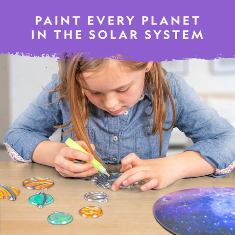 Solar System Stained Glass Suncatcher Craft Kit For Kids With Acrylic Sun And Planets, Glow In The Dark And Metallic Paints, Suction Cups And Hanging Supplies For Window Art Or Mobile, Build Your Own Outer Space Decor. Girl painting acrylic planets