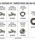 Beefed Up Tamper Proof 1/4-20 One Way Machine Screw Kit With Nuts And Washers, Stainless Steel, 451 Pieces, labeled components