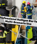 Firefighters using 30 Inch Halligan Tool With Shoulder Straps For Firefighters And Emergency Breach Heavy Duty 45 Gauge Steel Forged Halligan Bar Demolition Tool For Quick Door Breakdowns on doors and walls