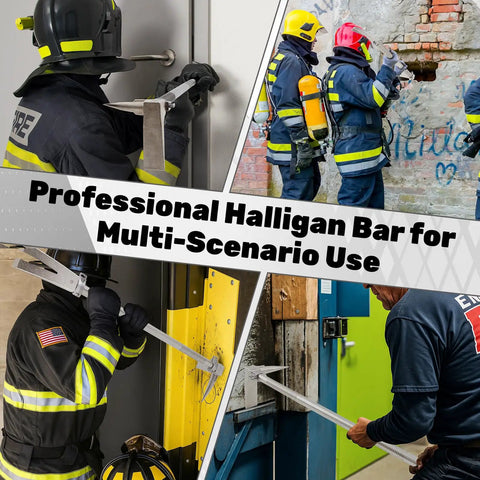 Firefighters using 30 Inch Halligan Tool With Shoulder Straps For Firefighters And Emergency Breach Heavy Duty 45 Gauge Steel Forged Halligan Bar Demolition Tool For Quick Door Breakdowns on doors and walls