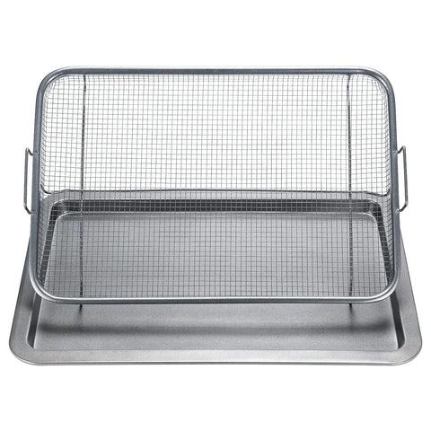 Extra Large Oven Air Fryer Basket Set, Stainless Steel Tray, Two Piece Roasting Baking Sheet For Oven, Mesh Basket, Gray