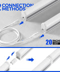 LED Shop Light 2Ft 6500K Super Bright White, showing two connection methods and a 20-inch connecting cable