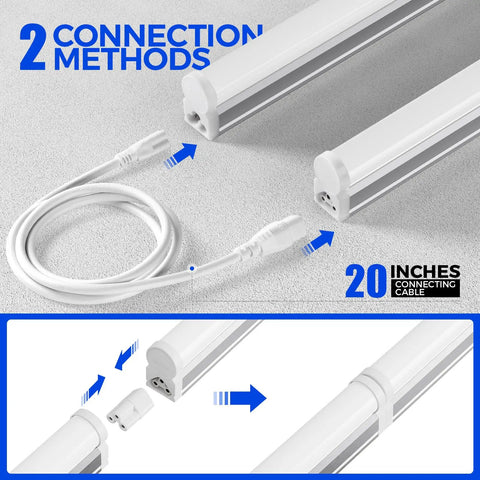 LED Shop Light 2Ft 6500K Super Bright White, showing two connection methods and a 20-inch connecting cable