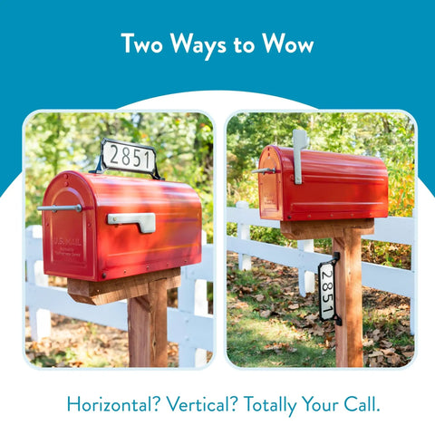 Black Double Sided Address Plaque Kit With 2 White Reflective Panels mounted horizontally and vertically on a red mailbox