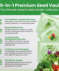 Image of 35-in-1 premium seed vault packaging with heirloom seed packets for vegetables and herbs, labeled Purely.